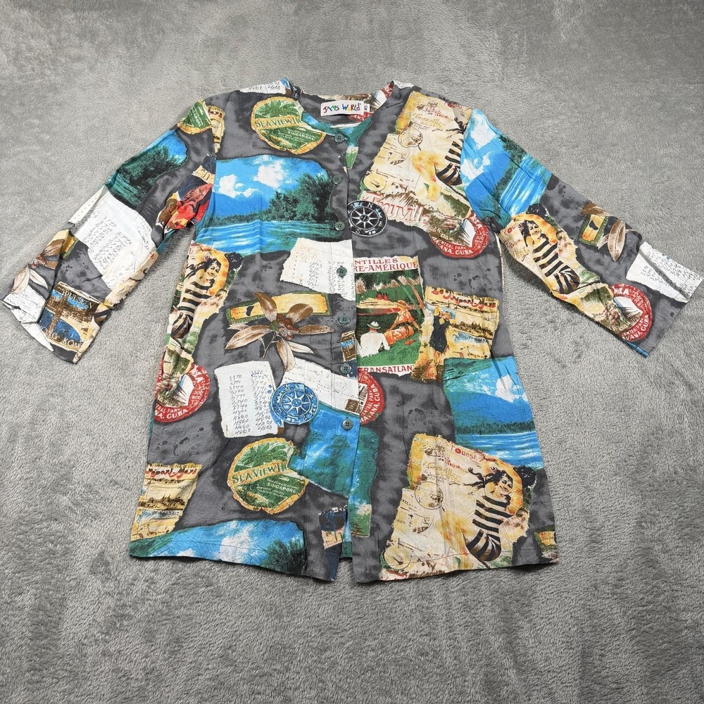 VINTAGE Jams World‎ Shirt Womens XS Multicolor Travel Print Rayon Tunic Hawaii